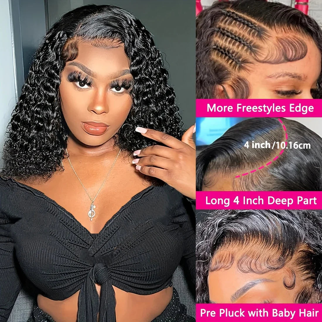 200% Density Short Curly Bob Wig 13x4 Lace Front Wet & Wavy Deep Wave Brazilian Remy Human Hair 4x4 Closure