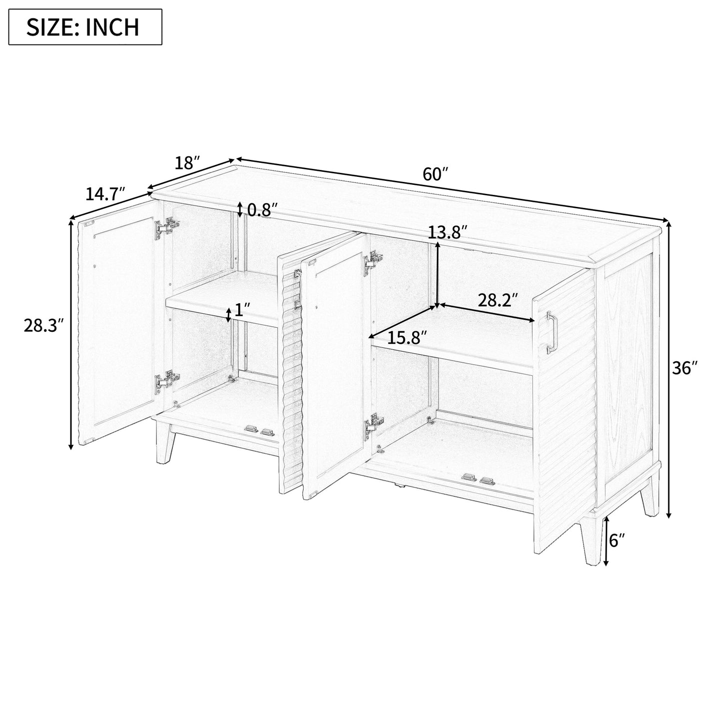 TREXM side panel with 4-door large storage buffet, adjustable shelves and metal handles (antique gray)