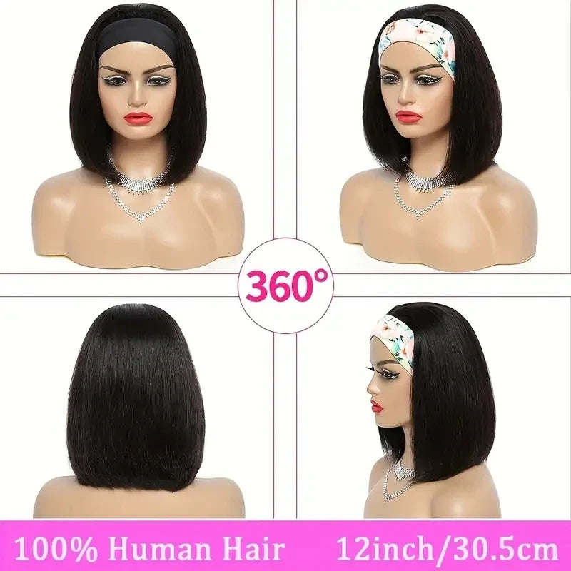 Straight Bob Headband Wig | 100% Brazilian Remy Human Hair Short Machine Made Bob Wigs for Women (All Colors)