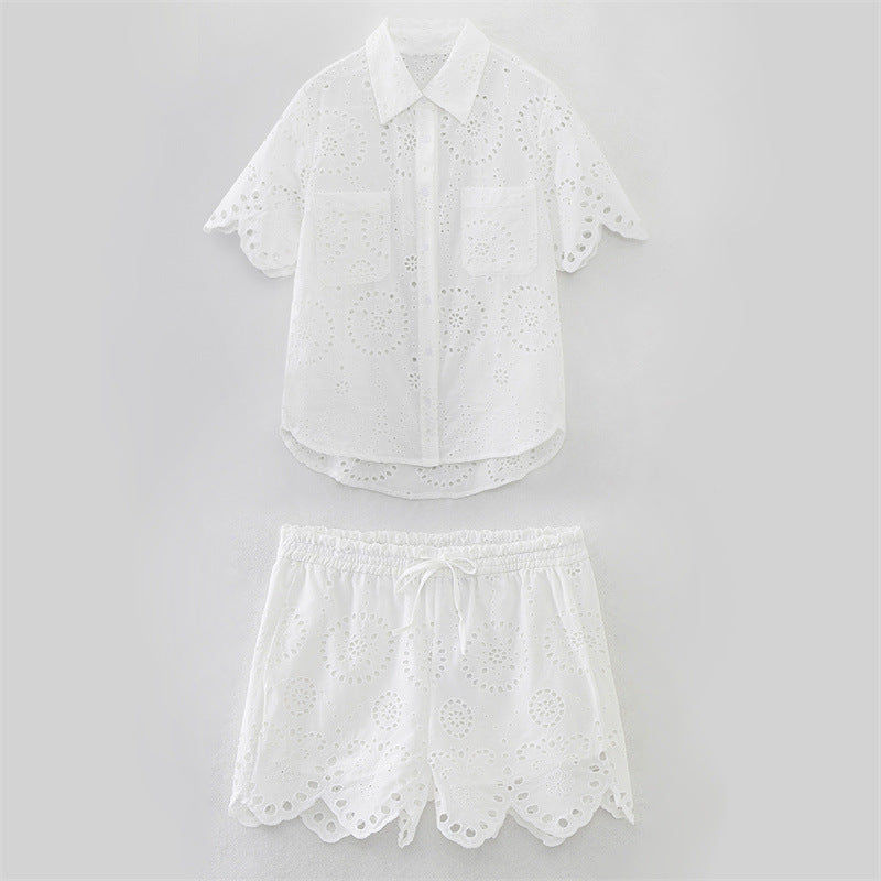 Summer NewStyle Women's Fashion Casual Short Sleeve Hollow Embroidered Shirt Shorts