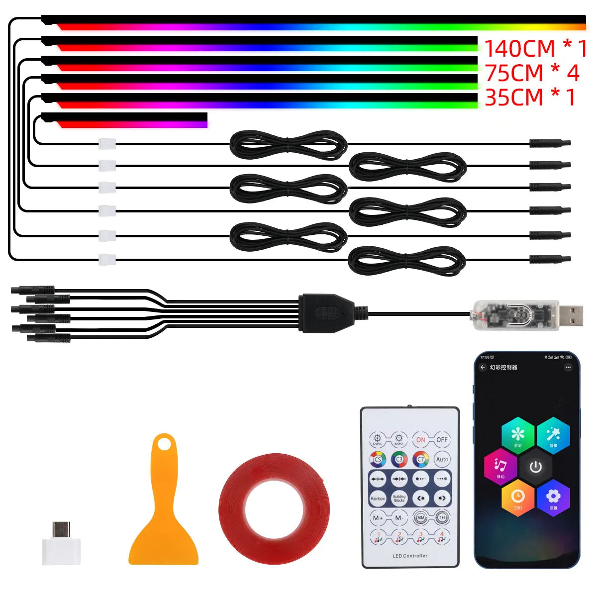 10 in 1 Car LED Acrylic Light Strip RGB Symphony Auto Interior Strip Lights Remote/APP Control Decorative Atmosphere Lamp