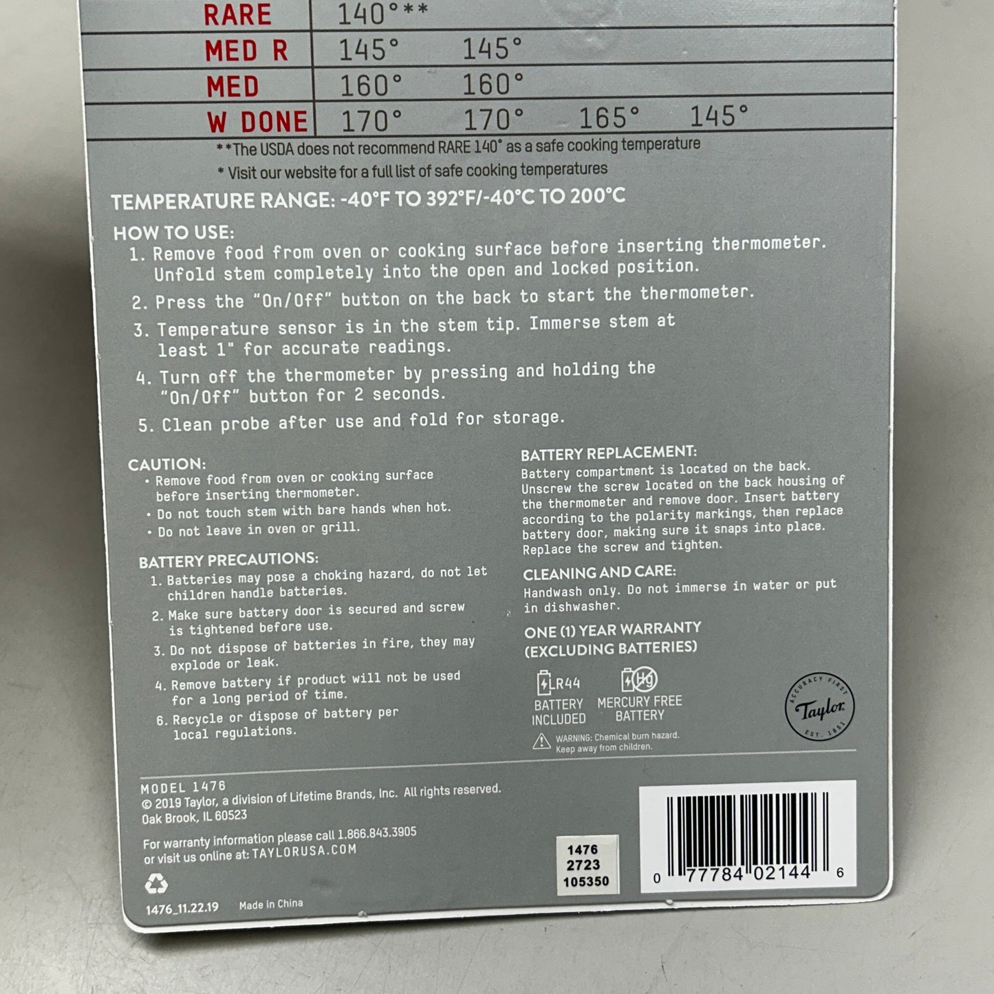 TAYLOR Compact Folding Thermometer Fahrenheit/Celsius Black (New)