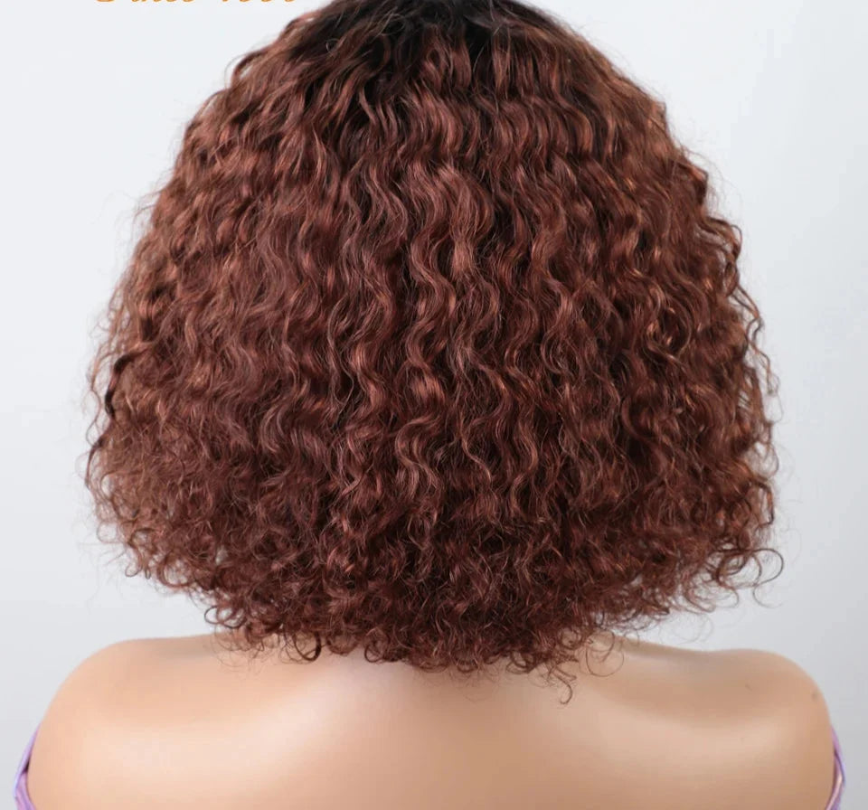 Jerry Curly Short Bob Human Hair Wig with Bangs | Glueless Highlight Honey Water Wave Blonde Wig for Women (Ready-to-Go)