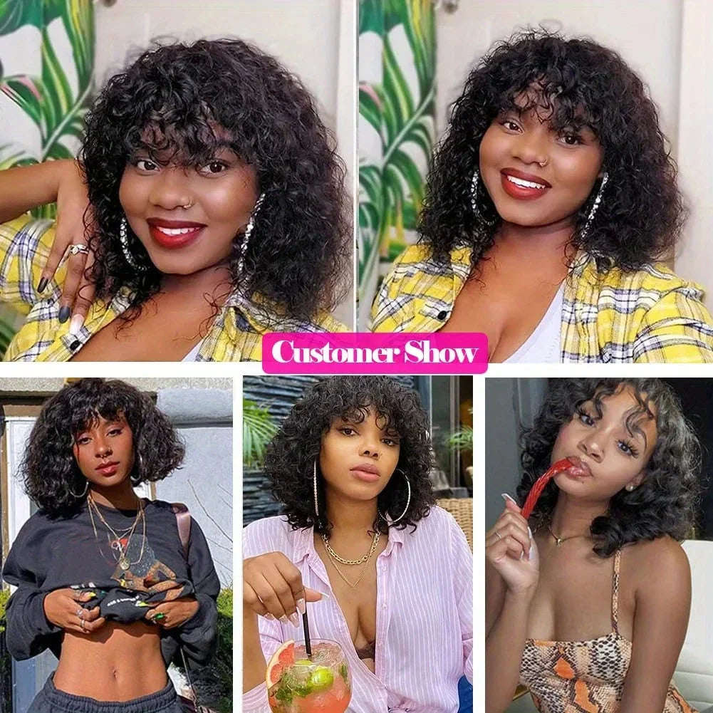 Curly Short Bob Cut Human Hair Wigs With Bangs Kinky Curly Bob Wig Brazilian Remy Hair Full Machine Made