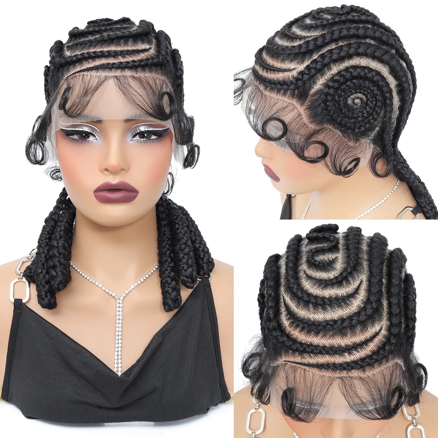 16 Inch Cornrow Braided Wig | Full Lace with Bantu Knots and Baby Hair