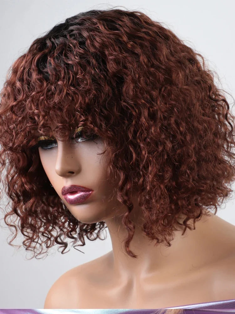 Jerry Curly Short Bob Human Hair Wig with Bangs | Glueless Highlight Honey Water Wave Blonde Wig for Women (Ready-to-Go)