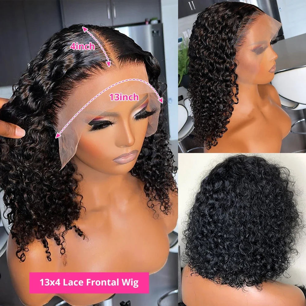 200% Density Short Curly Bob Wig 13x4 Lace Front Wet & Wavy Deep Wave Brazilian Remy Human Hair 4x4 Closure