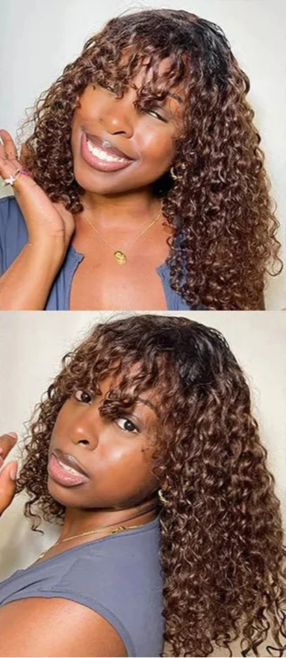Highlight Honey Blonde Jerry Curly Pixie Bob Wig with Bangs | Full Machine Made Human Hair