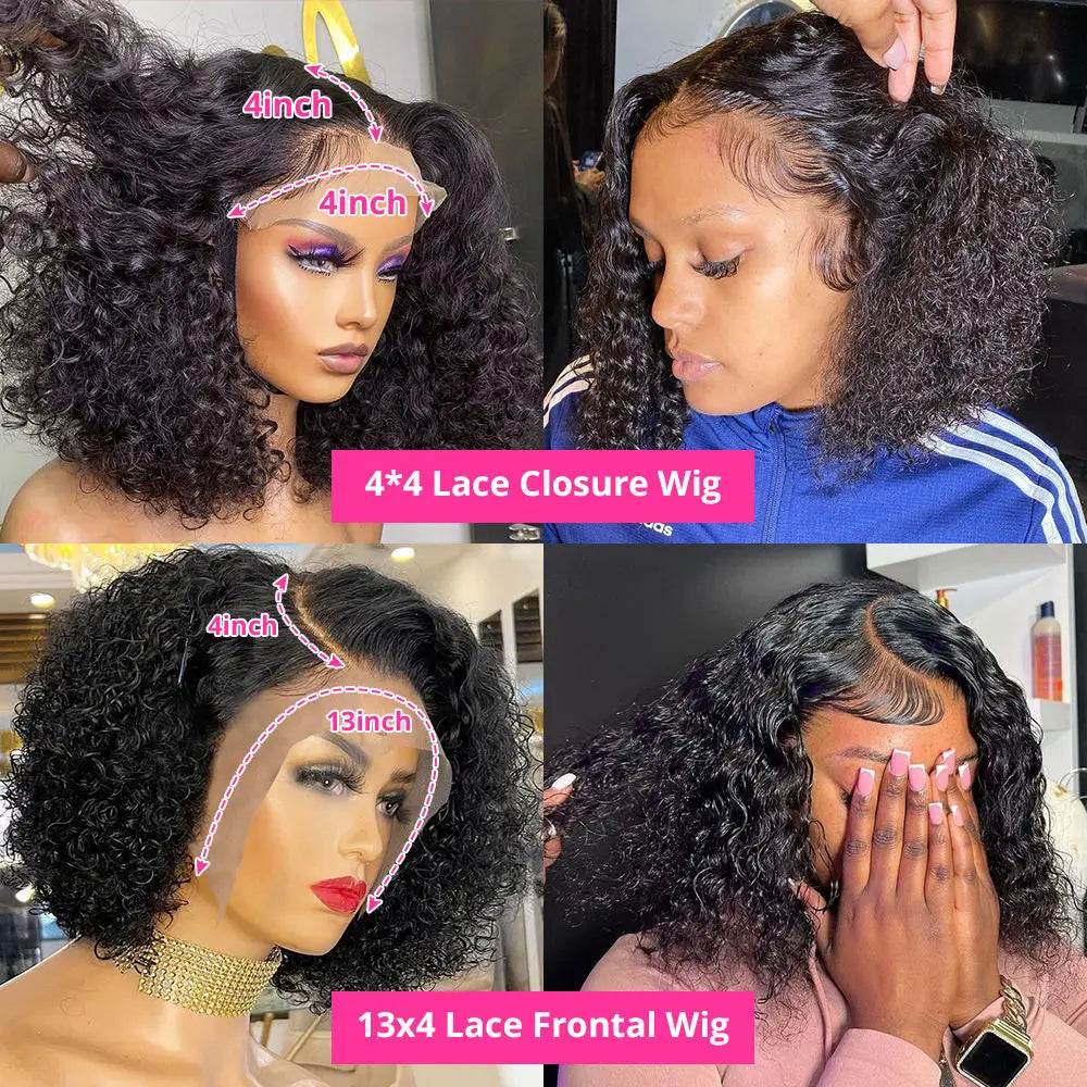 200% Density Short Curly Bob Wig 13x4 Lace Front Wet & Wavy Deep Wave Brazilian Remy Human Hair 4x4 Closure