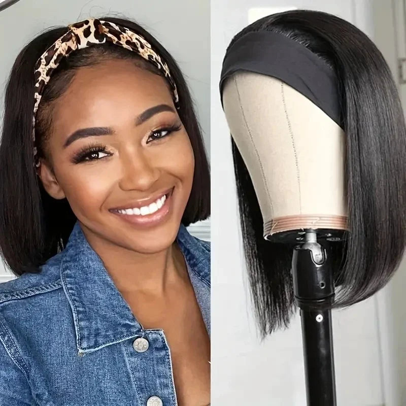 Straight Bob Headband Wig | 100% Brazilian Remy Human Hair Short Machine Made Bob Wigs for Women (All Colors)