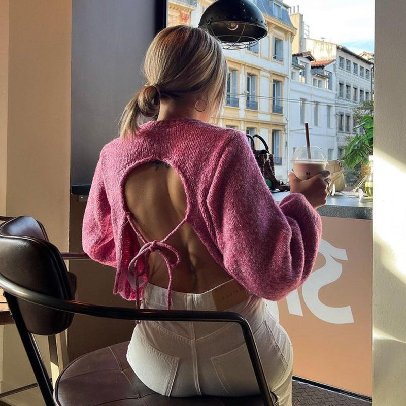 Long sleeved backless lace up sexy spicy girl knitted loose women's top sweater