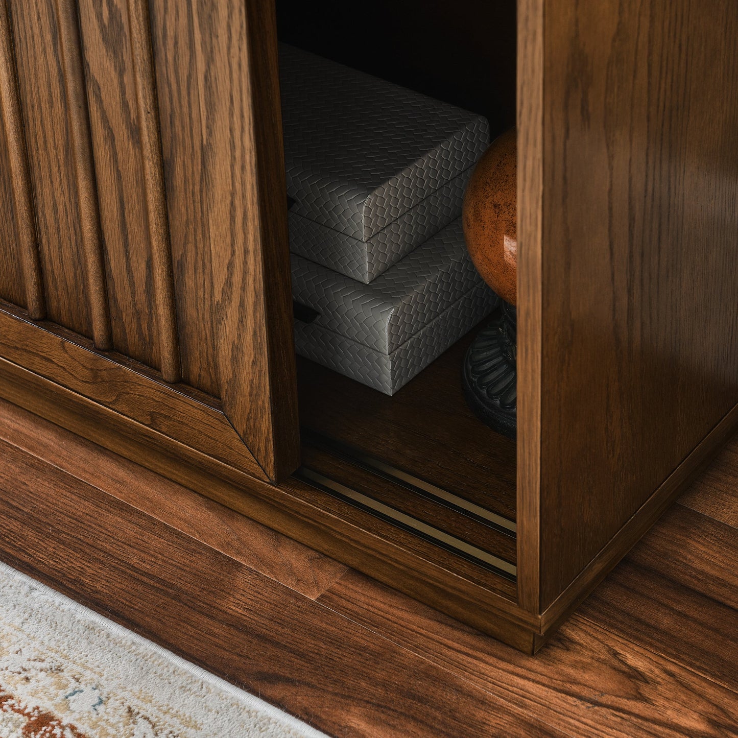 Medieval side panel with 2 sliding doors and solid wood decorative strips, storage cabinet
