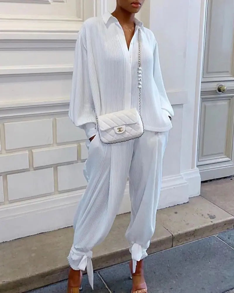 New Women's Wrinkle-Effect Long Sleeve Shirt Set