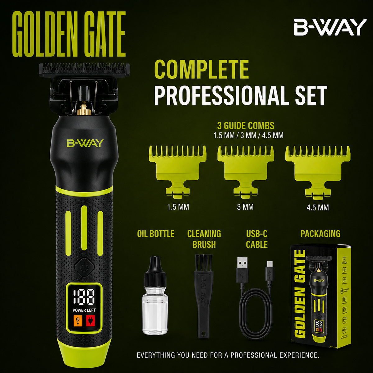 B-WAY Professional Barber Kit – Cordless Hair Clipper & Trimmer Set – Faster Clipper + Golden Gate Precision Trimmer for Fades, Haircuts, Edge-Ups, Beard Detailing & Outlining