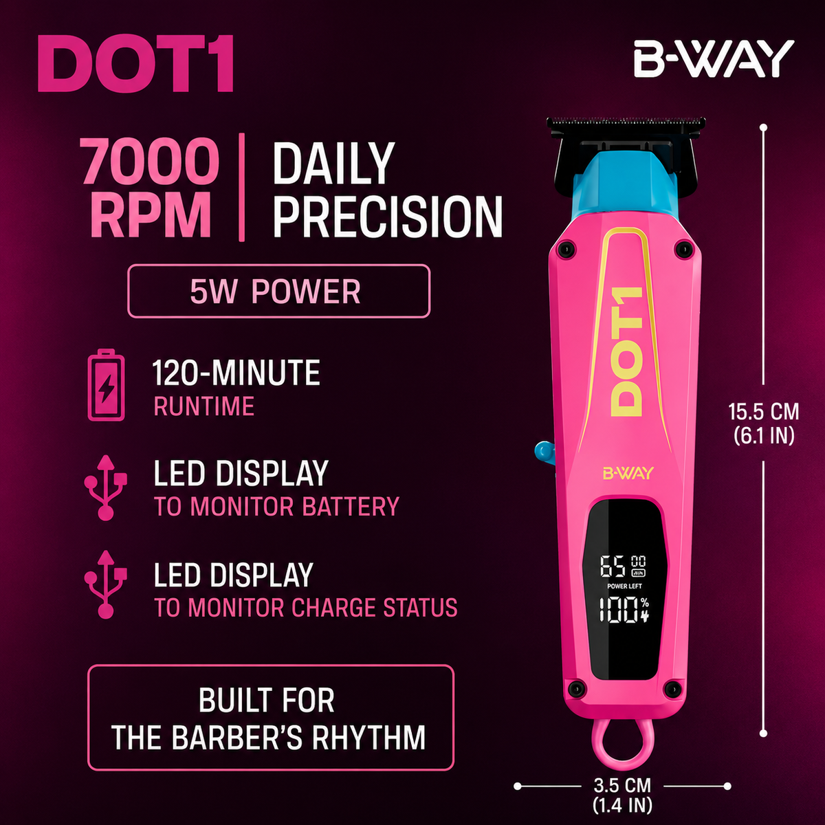 B-WAY DOT1 Pink Professional Cordless Trimmer – 7,000 RPM