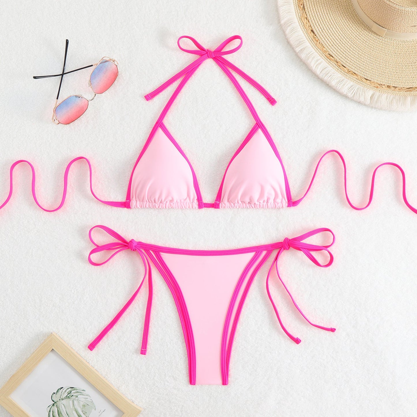 Nylon solid color women's split sexy triangle color bikini tie beach hot spring swimsuit swimsuit