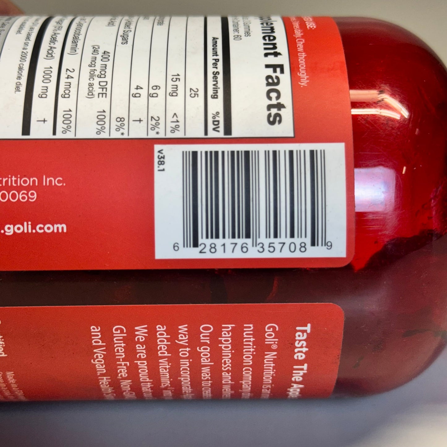 ZA@ GOLÍ Nutrition Apple Cider Vinegar 120 Gummies Sz 6.5” H Red BB Exp 08/25