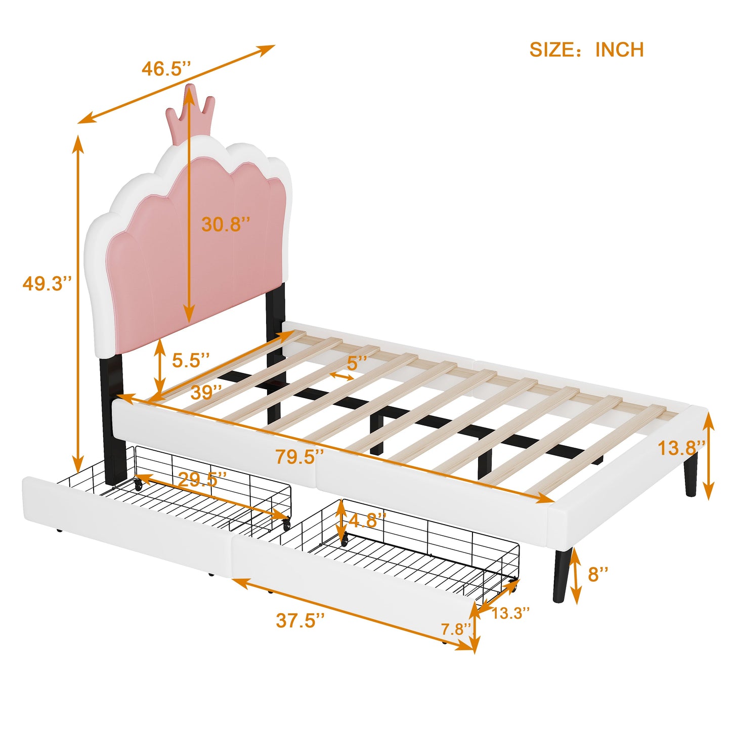 Twin cushion princess bed with crown headboard and 2 drawers with headboard and footrest, pink+white