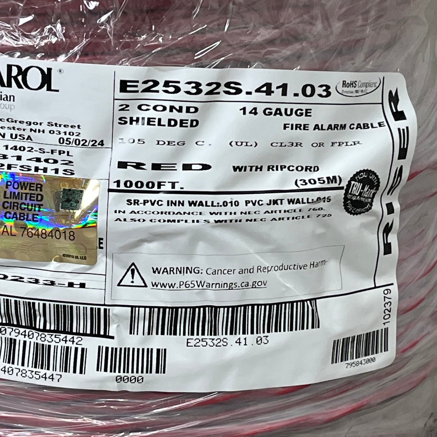 CAROL 2 Conductor Shielded Cable Fire Alarm/Safety 14 Gauge 1000ft E2532S.41.03