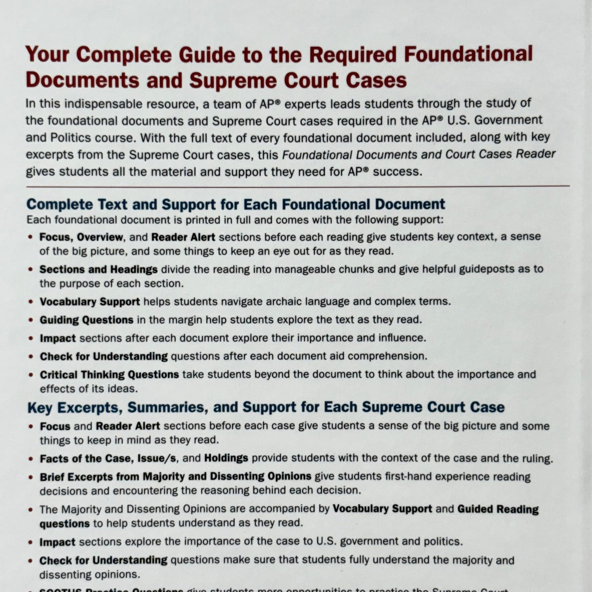 AMERICAN GOVERNMENT Foundational Documents & Court Cases AP Course Hardback