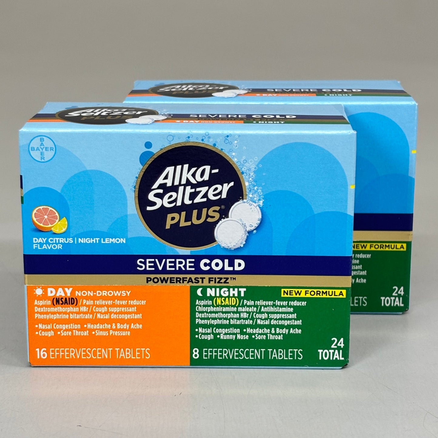 ZA@ ALKA-SELTSER PLUS (2 PACK, 24 TABLETS EACH) Severe Cold 16 Day + 8 Night Tabs BB 03/26 H