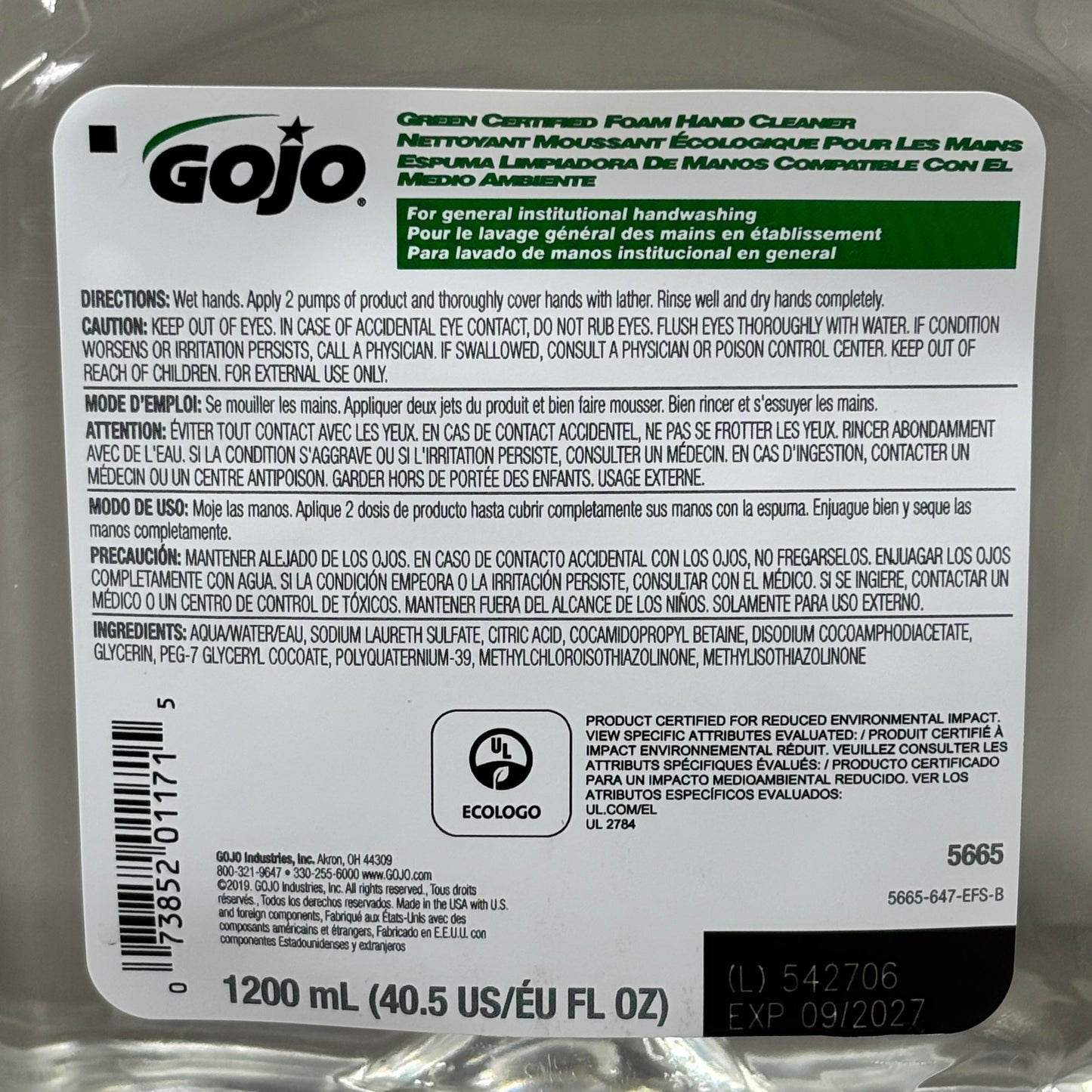 GOJO (2 PACK, 1200 ML EACH) Green Certified Foam Hand Cleaner Clear 5665-02