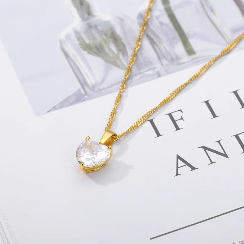 Heart Necklaces For Women Stainless Steel Gold Plated Chain Zircon Heart Pendant Choker Necklace Wedding Boho Jewelry Gift Femme