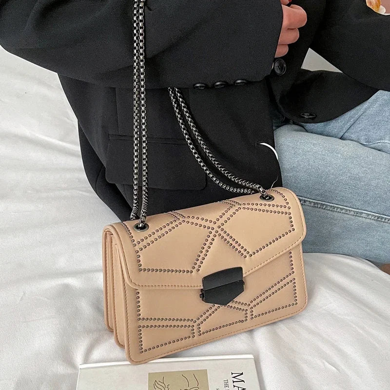 Rivet Chain Small Crossbody Bag for Women | 2022 Luxury Shoulder Messenger Bag (Trendy Lady Handbag with Flap Cover)