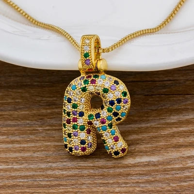 Nidin Fashion Luxury 26 Letters Copper Zircon Pendant Necklace for Women Rainbow Initials Name Necklace Wedding Party Jewelry