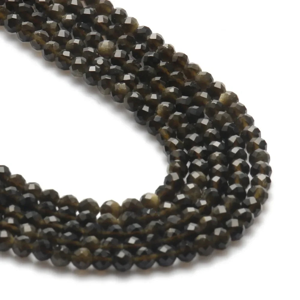 Natural Black Obsidian Stone 2/3/4mm Faceted Loose Round Mineral Beads for Jewelry Making DIY Christmas Gift Bracelets 15inch