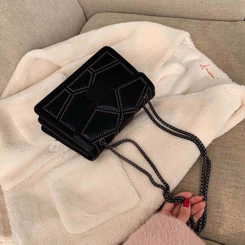 Rivet Chain Small Crossbody Bag for Women | 2022 Luxury Shoulder Messenger Bag (Trendy Lady Handbag with Flap Cover)