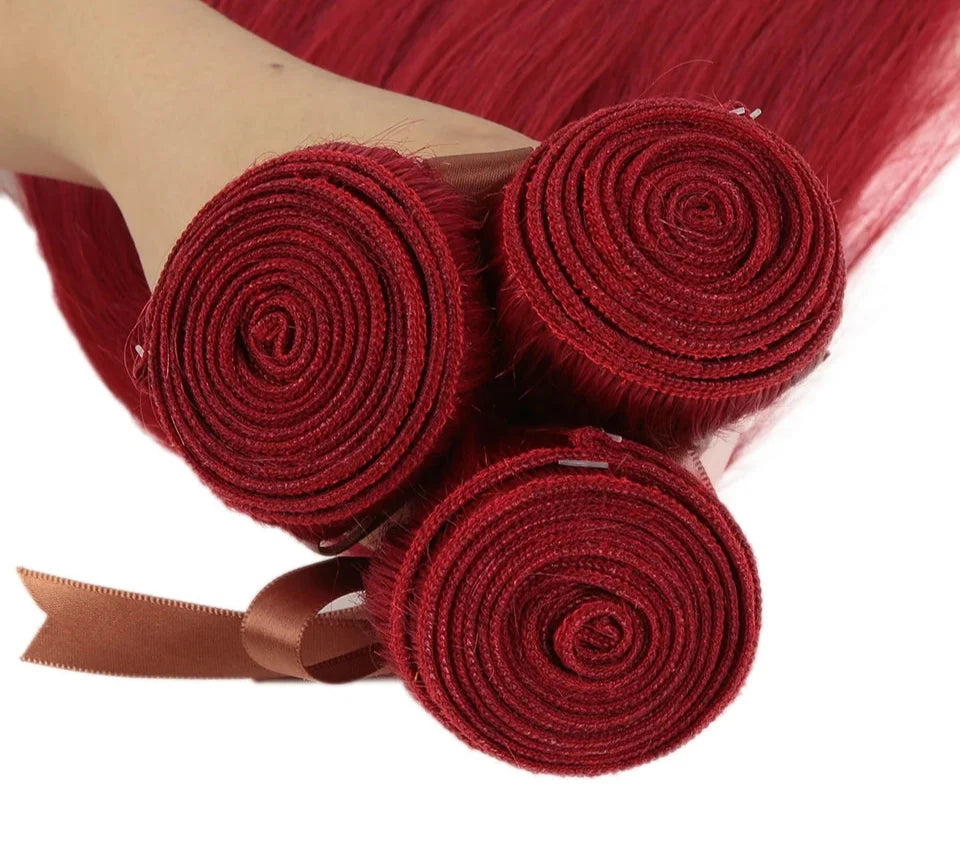 Red & Blonde Highlight Straight Bundles with Closure | 3 Pcs Brazilian Remy Human Hair Weave Extensions