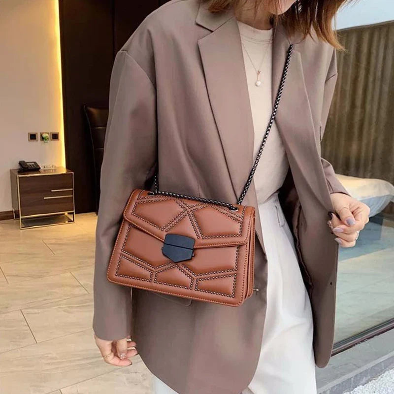 Rivet Chain Small Crossbody Bag for Women | 2022 Luxury Shoulder Messenger Bag (Trendy Lady Handbag with Flap Cover)