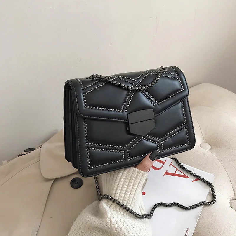 Rivet Chain Small Crossbody Bag for Women | 2022 Luxury Shoulder Messenger Bag (Trendy Lady Handbag with Flap Cover)