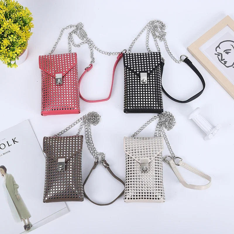 PU Leather Mini Shoulder & Crossbody Bag for Women | Rivet Flap Chain Designer Purse (Retro Phone Bag, Hip-Hop Style)