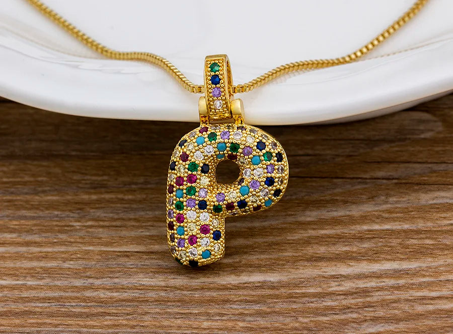 Nidin Fashion Luxury 26 Letters Copper Zircon Pendant Necklace for Women Rainbow Initials Name Necklace Wedding Party Jewelry