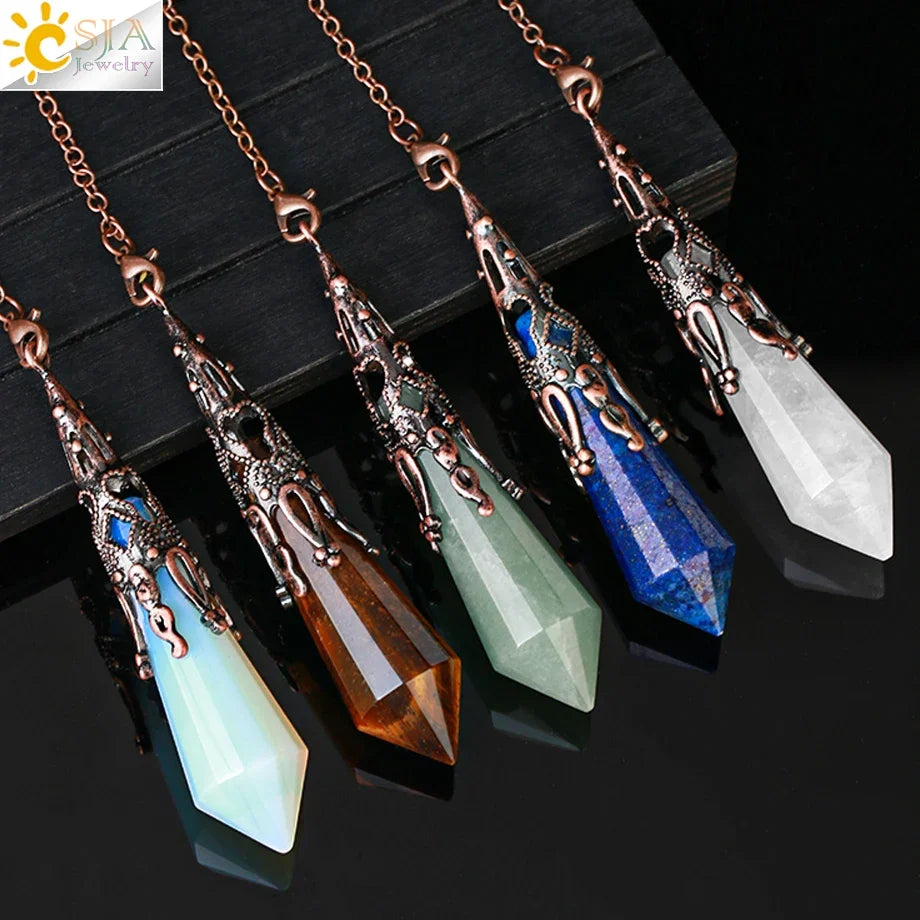 CSJA Natural Stone Crystal Pendulum for Dowsing Antique Pendant Amulet Crystals Divination Pink Quartz Pendulums Pendules G891