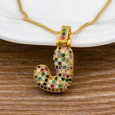 Nidin Fashion Luxury 26 Letters Copper Zircon Pendant Necklace for Women Rainbow Initials Name Necklace Wedding Party Jewelry