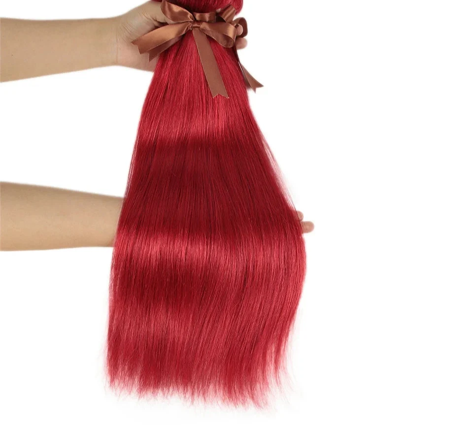 Red & Blonde Highlight Straight Bundles with Closure | 3 Pcs Brazilian Remy Human Hair Weave Extensions