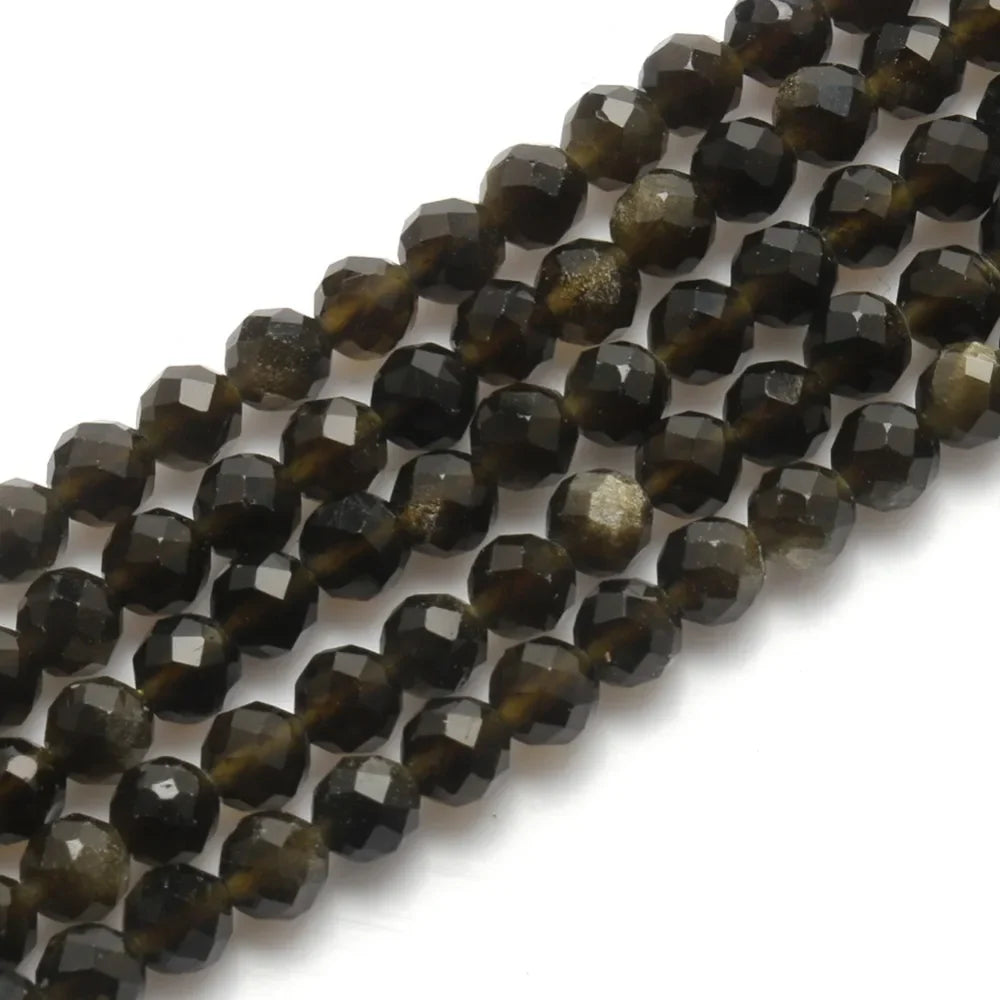 Natural Black Obsidian Stone 2/3/4mm Faceted Loose Round Mineral Beads for Jewelry Making DIY Christmas Gift Bracelets 15inch