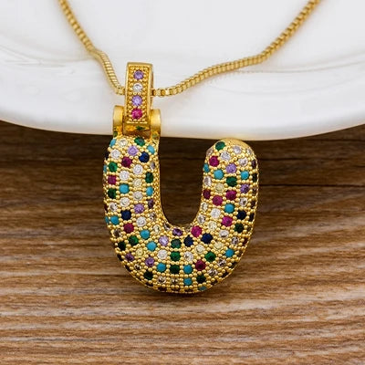 Nidin Fashion Luxury 26 Letters Copper Zircon Pendant Necklace for Women Rainbow Initials Name Necklace Wedding Party Jewelry