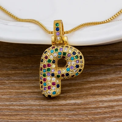 Nidin Fashion Luxury 26 Letters Copper Zircon Pendant Necklace for Women Rainbow Initials Name Necklace Wedding Party Jewelry