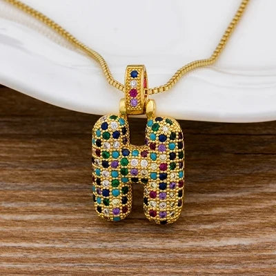 Nidin Fashion Luxury 26 Letters Copper Zircon Pendant Necklace for Women Rainbow Initials Name Necklace Wedding Party Jewelry