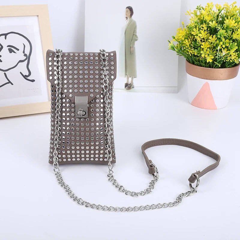 PU Leather Mini Shoulder & Crossbody Bag for Women | Rivet Flap Chain Designer Purse (Retro Phone Bag, Hip-Hop Style)