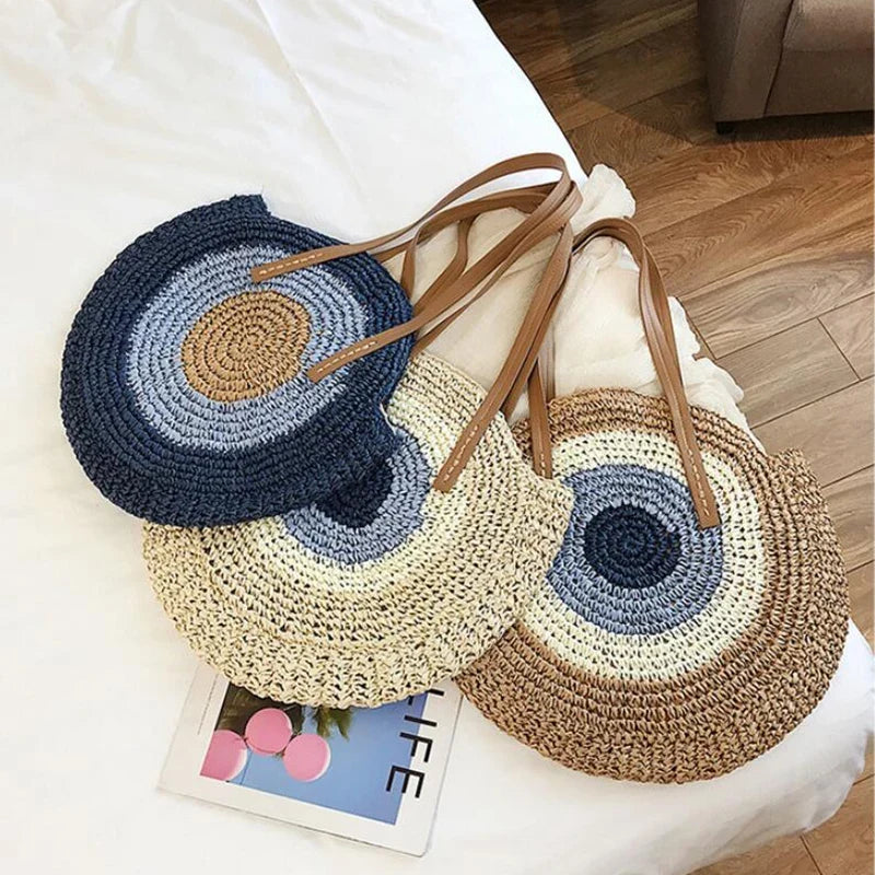 Large Capacity Round Women's Fashionable Straw Woven Shoulder Bag | Handmade Summer Beach Travel Holiday Women Tote Bags