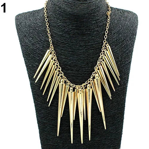Women's Multilayer Spike Rivet Tassels Chain Bib Statement Necklace Punk