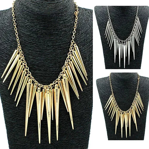 Women's Multilayer Spike Rivet Tassels Chain Bib Statement Necklace Punk