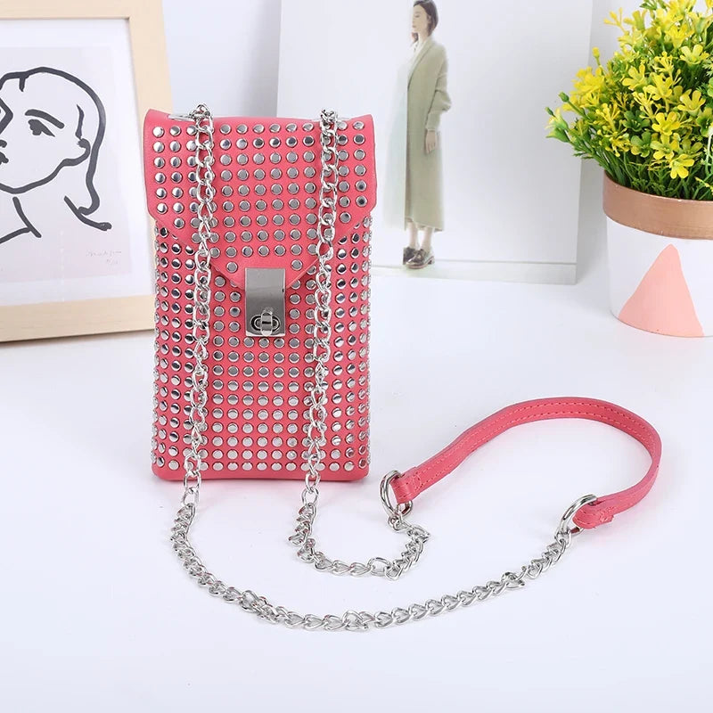PU Leather Mini Shoulder & Crossbody Bag for Women | Rivet Flap Chain Designer Purse (Retro Phone Bag, Hip-Hop Style)