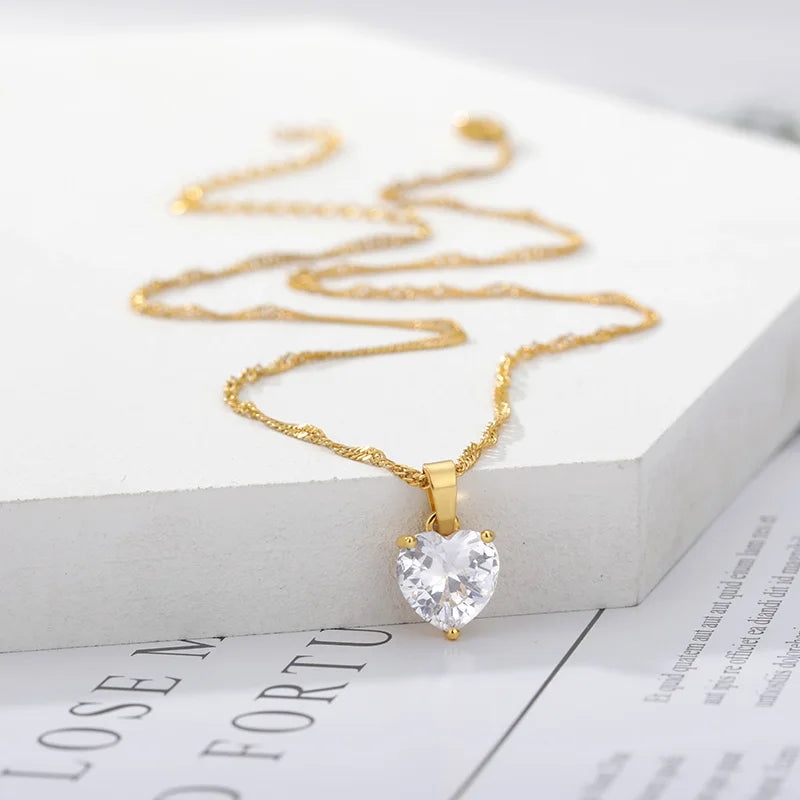 Heart Necklaces For Women Stainless Steel Gold Plated Chain Zircon Heart Pendant Choker Necklace Wedding Boho Jewelry Gift Femme