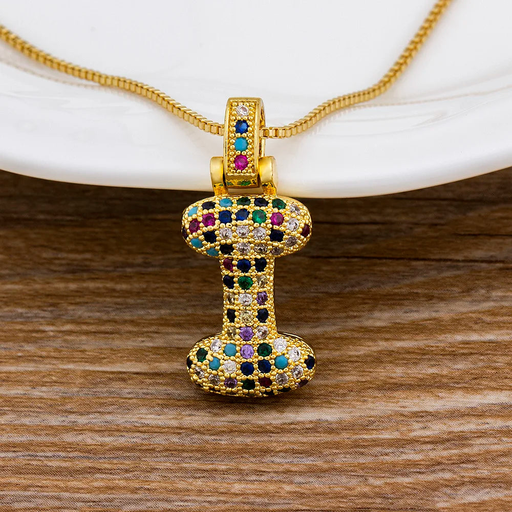 Nidin Fashion Luxury 26 Letters Copper Zircon Pendant Necklace for Women Rainbow Initials Name Necklace Wedding Party Jewelry